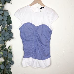 Zara NWT White Blue Ruched Pinstripe Tee Blouse XS
